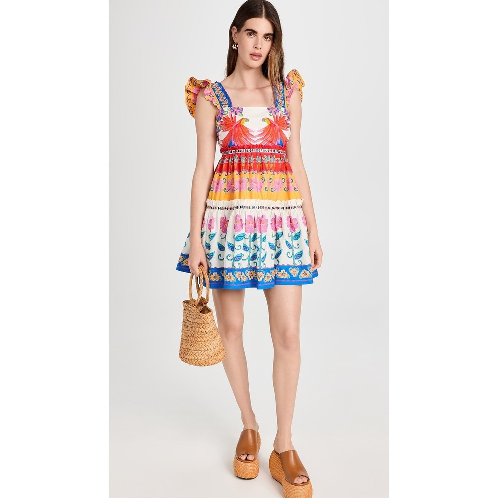 Farm Rio Vivid Garden Off White Mini Dress Sz S Colorful Spring Party Travel